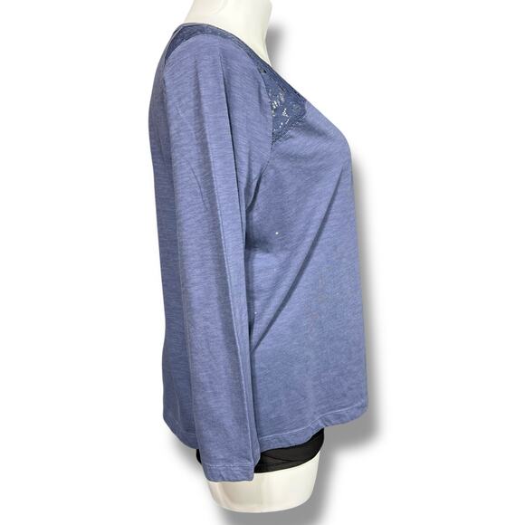 NorthCrest Womens Long Sleeve T Shirt Top Sheer Lace Shoulder Pullover Blue 2X - Picture 2 of 8